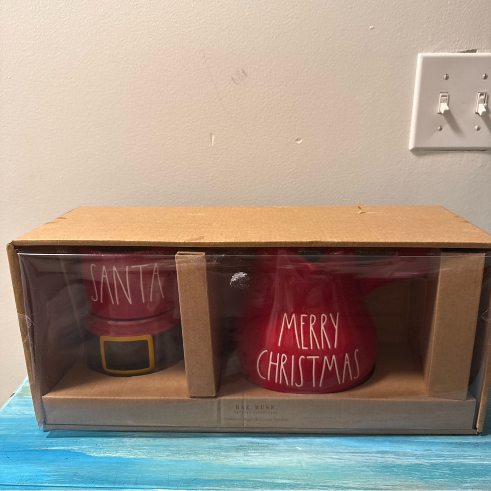 Rae Dunn Red santa stackable mugs, and cocoa pot